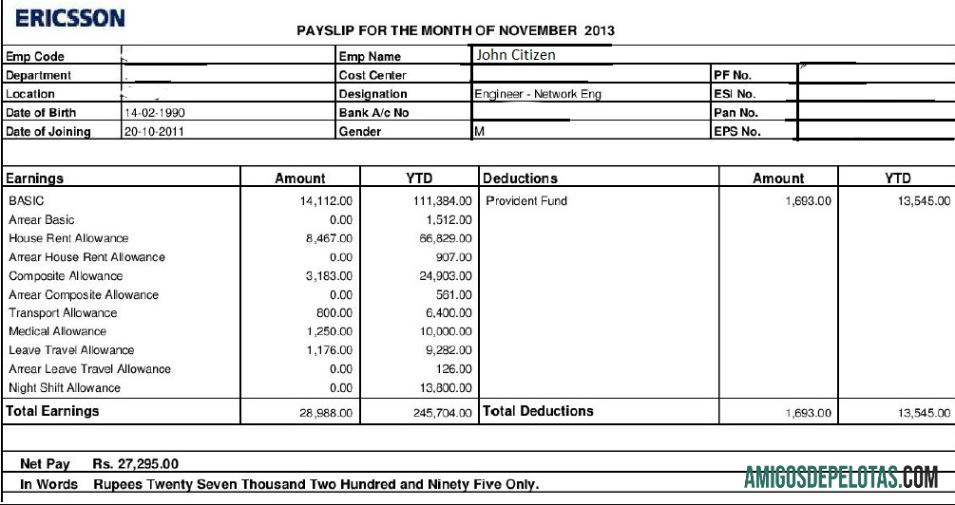ERICSSON Networking And Telecommunications Company Paystub em formatos Word e PDF baixar para verificação